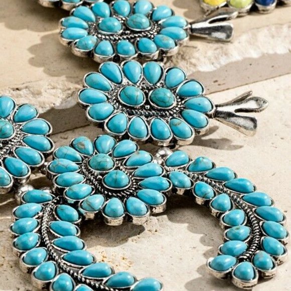 New Full Squash Blossom Natural Turquoise Stone Silver Western Necklace - Picture 6 of 6